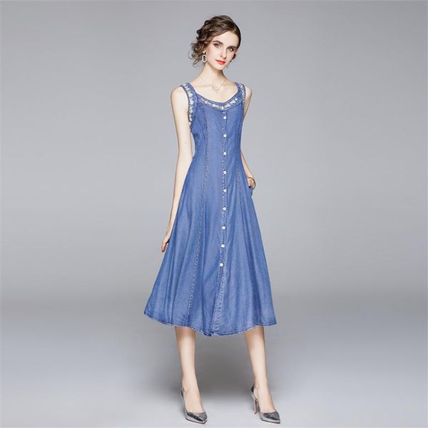 

casual dresses summer jeans sundress 2021 fashion dress women sleeveless denim floral embroidery vestido de mujer, Black;gray