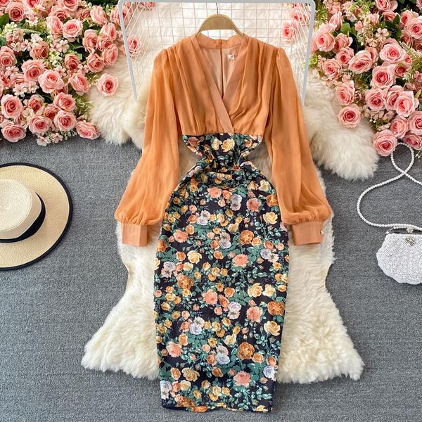 

casual dresses french chiffon floral dress women elegant long sleeve v neck slim autumn fashion streetwear print midi, Black;gray