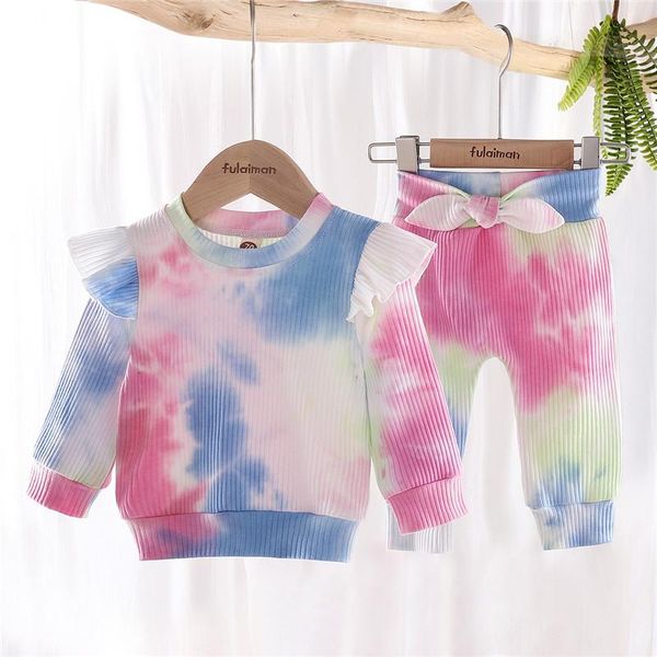 

clothing sets autumn baby 2pcs clothes set girl fall outfits tie dye print long sleeve ruffle t-shirt + bowknot pants, White