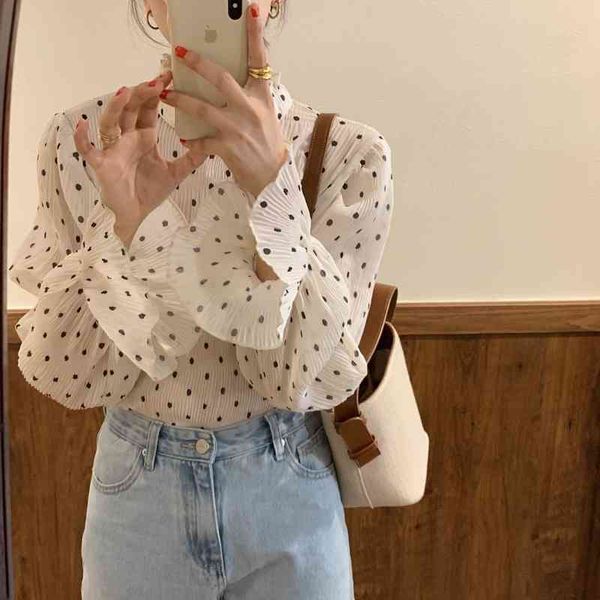 

comelretro women loose all match chic vintage chiffon polka dot gentle stylish elegance female shirts 210515, White