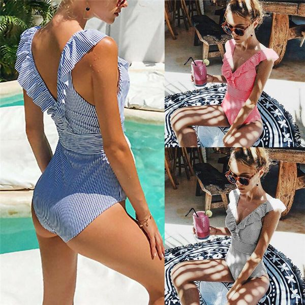 

women one piece bikini fashion ruffle striped swimsuit bathing suit monokini padded push up swimwear summer beachwear one-piece suits