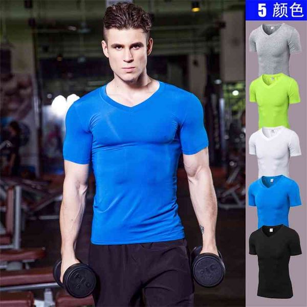 T-shirt a maniche corte da uomo di moda con scollo a V Camicie di compressione della pelle attillata per uomo Palestre fitness abbigliamento Maschile Body Building Top 210421