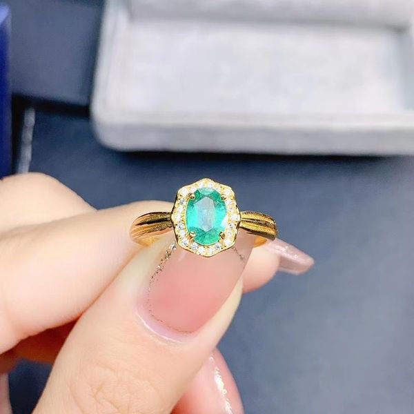 

cluster rings retro ellipse thick 5*7mm natural green emerald gem ring s925 silver gemstone women's office party jewelry, Golden;silver