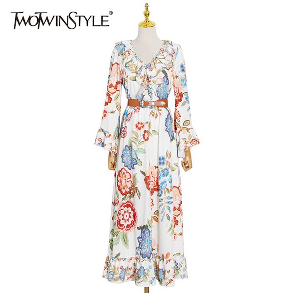 

patchwork ruffle elegant dress for women v neck long sleeve high waist sashes print hit color vintage dresses 210423, Black;gray