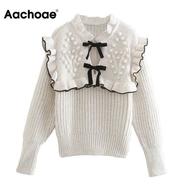 Chic Fliege Patchwork Gestrickte Pullover Frauen Rüschen Süße Jumper Tops Weibliche Langarm Casual Pullover 210413