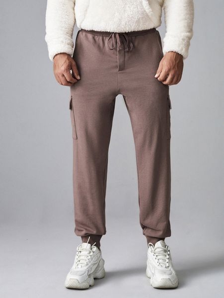 

extended sizes men flap pocket drawstring waist sweatpants 74ai#, Black