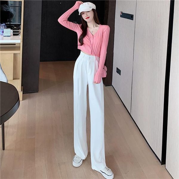 

women's tracksuits 2021 spring and summer casual suit knit sweater women v-neck short cardigan + high waist loose drape wide-leg trouse, Gray