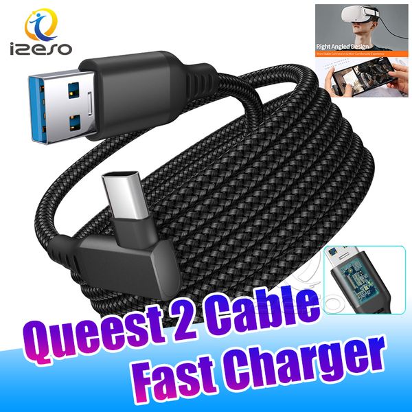 10FT 16FT 20FT USB para Cabos Tipo-C Nylon Trançado 3A 5Gbps para Meta oculus Quest 2 VR USB-C para C Cabo de Cabo de Cabo de Cabo de Carregamento Rápido Izeso