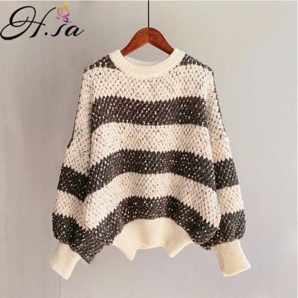 

women's sweaters hsa 2021 women winter outwear lantern sleeve striped knit jumpers hollow out robe pull femme hiver cashmere sweater pu, White;black
