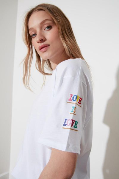

women's t-shirt trendyol sleeve embroideried boyfriend knitted twoss21ts1145, White