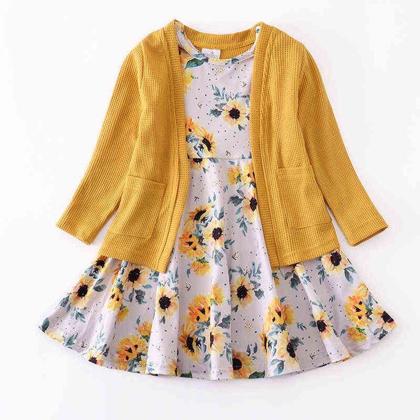 Girlymax 2PCS Neonate Abbigliamento per bambini Seta del latte Stampa floreale Abito Twirl Senape Tessuto waffle Cardigan Lunghezza al ginocchio Manica lunga G1218