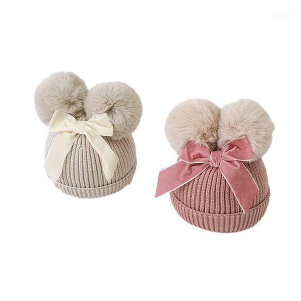 

winter double pompom hat toddlers kids beanie infant baby solid knitted bow cap 2-6y1, Yellow