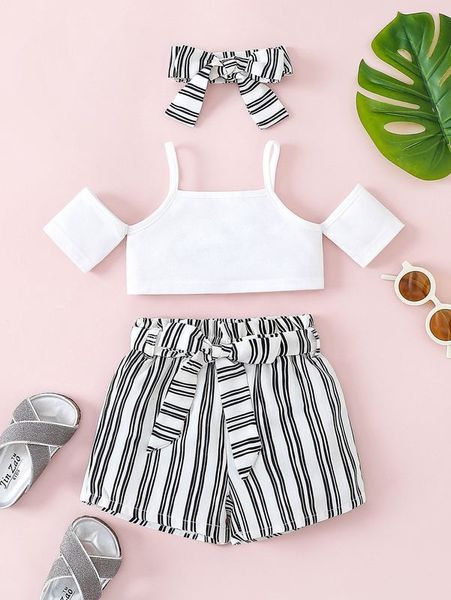 

baby cold shoulder & belted striped shorts & headband she, White