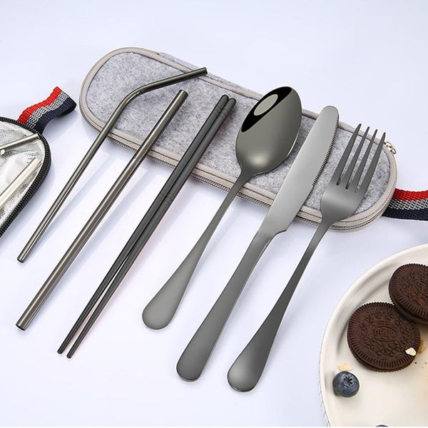 

8pcs dinnerware set camping cutlery travel silverware reusable utensils with metal straw spoon fork chopsticks and case sets