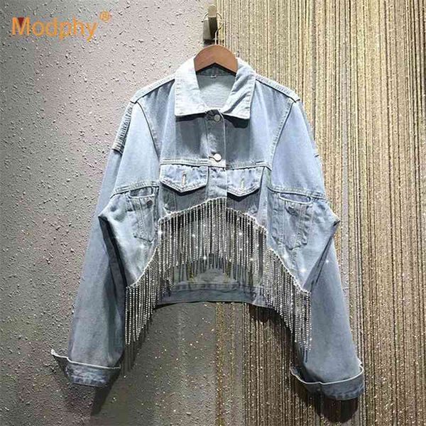 

diamond tassel loose denim jacket female long sleeve single breasted women jeans coat autumn fashion clothing 210527, Black;brown