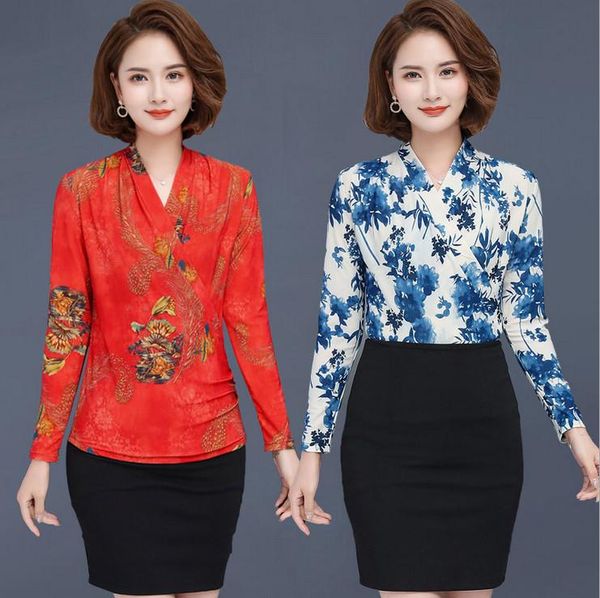 

women's t-shirt fashion ol women long sleeve t-shirts spring autumn v-neck pullover bottom shirt middle age mother, White