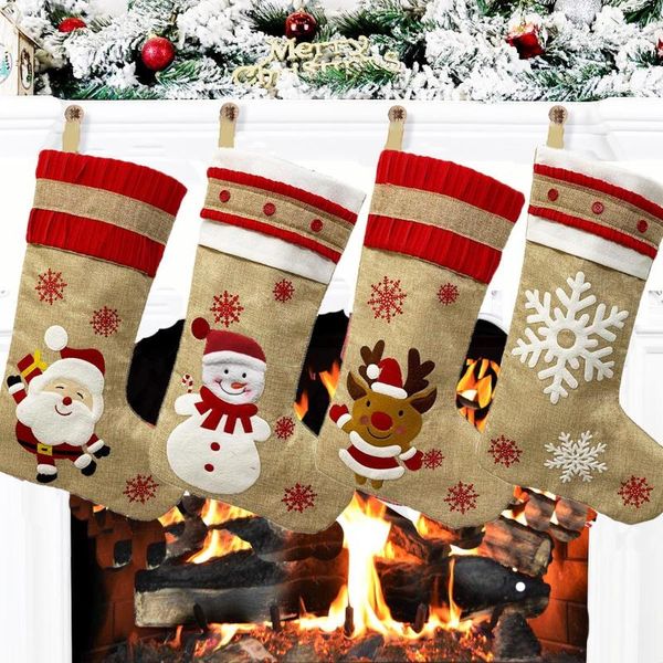 

christmas decorations 1pc linen stockings socks with snowman santa elk bear printing candy gift bag xmas decoration year