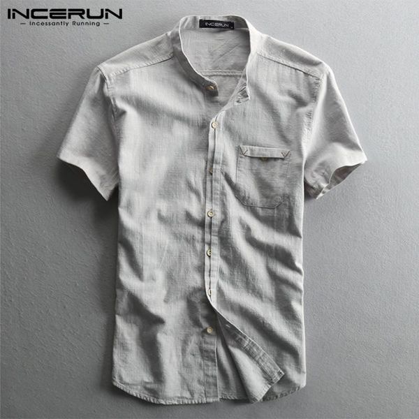 

summer solid color men shirt short sleeve 2021 stand collar cotton harajuku brand casual shirts streetwear button camisa men's, White;black