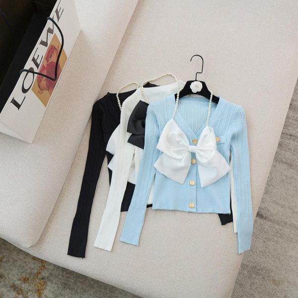 

women's knits & tees 2021 autumn sweet v-neck long sleeve pearl bow elastic slim fit slimming knitted for women cropped cardigan, White