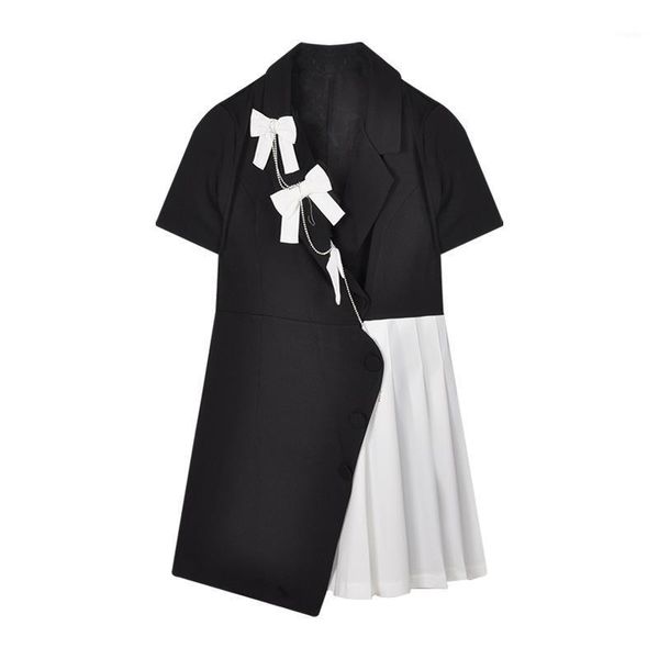 

women's suits & blazers retro design color matching bow tie suit dress female summer waist pleated skirt white blazer women cotton, White;black