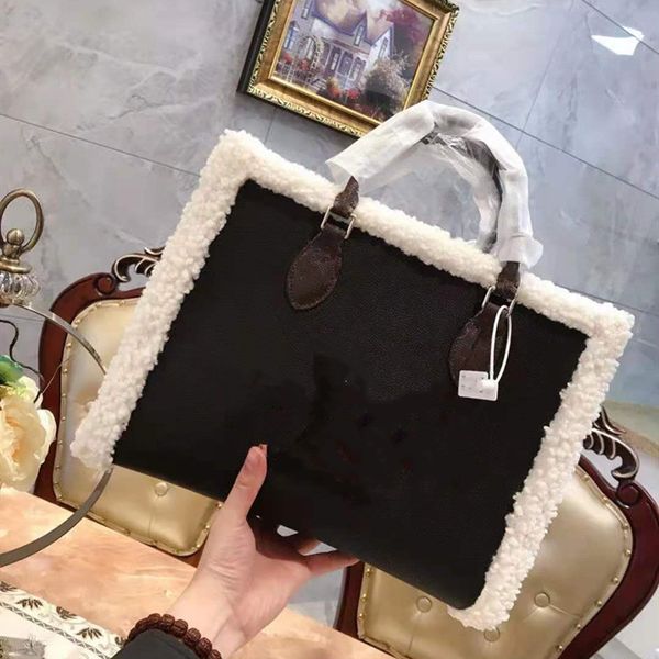 

large capacity shopping bag winter handbag fashion women wool genuine leather shoulder bags letter original totes bag