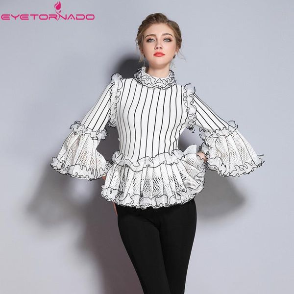 

women's blouses & shirts women layered ruffled knitted sweater shirt spring flare sleeve patchwork work party blouse casual top, White