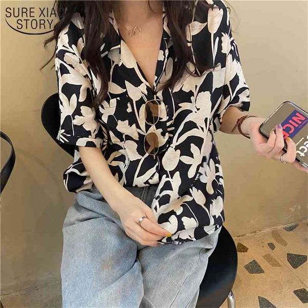 Verão Cardigan Retro Hong Kong Sabor Flor De Manga Curta Preto Chiffon Camisa Solta Casual Camisas Mulheres 10273 210508