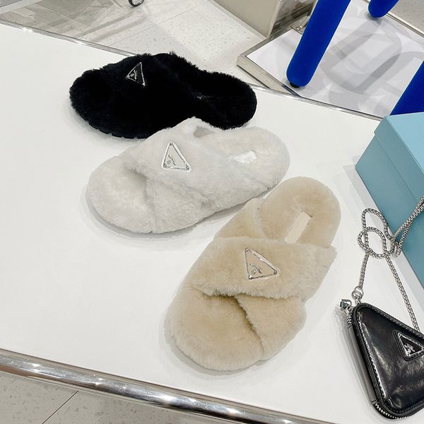 

autumn and winter new flat bottom triangular wool integrated cool slippers women wear cross belt at outlets, Black