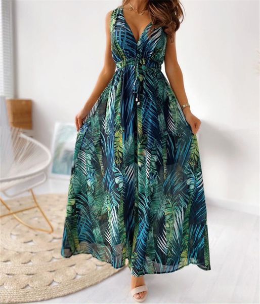 

casual dresses summer sleeveless maxi beach dress boho vacation leaves flowers printed sundress women's deep v high waist a-line, Black;gray