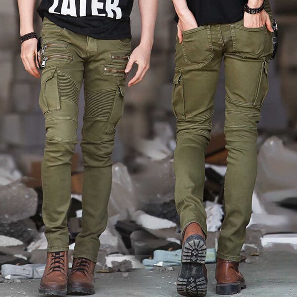 

denim jeans, men's, tight, elastic, worn, military style, cargo, hip hop, green and black, 2018, Blue