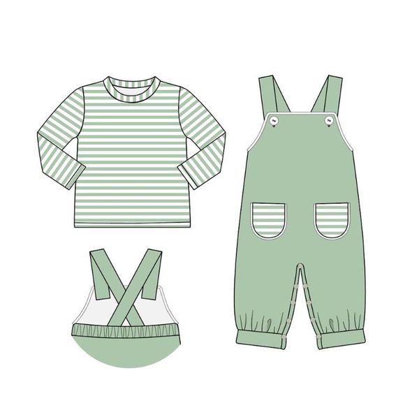 

clothing sets autumn boys clothes green stripes long sleeve and strap jumpsuit striped pocket boy, White