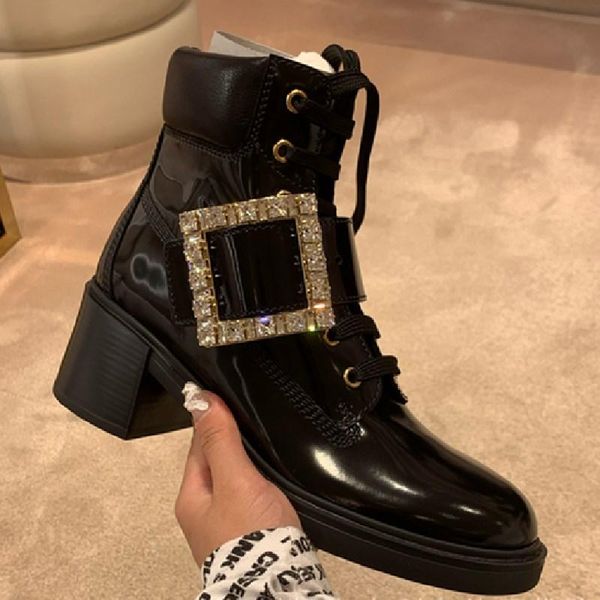 

boots woman shoes crystal buckle decor women ankle leather lace up black autumn winter combat short