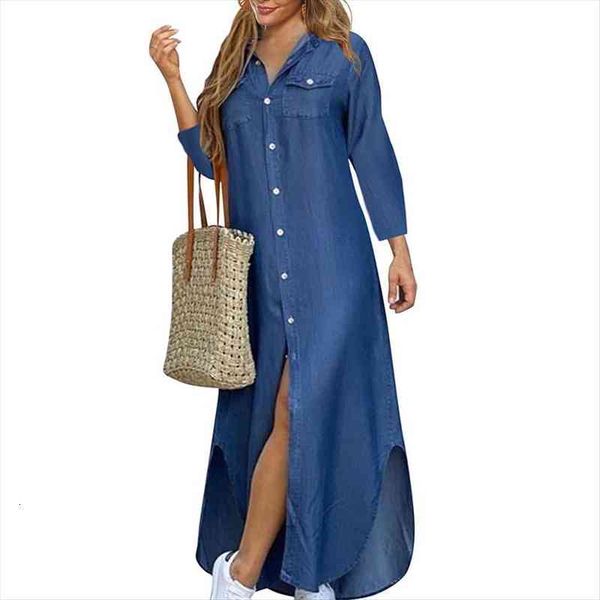 

autumn long 3 4 women dresses sleeve shirt denim pocket button blue solid casual loose, Black;gray