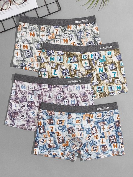 

men 4pcs random letter graphic contrast tape boxer brief g0jg#, Black;brown