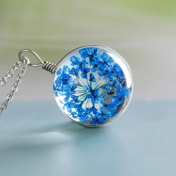 

valentine's day gift real dried flowers resin water drop pendant necklace stainless steel fashion women jewelry necklaces, Silver