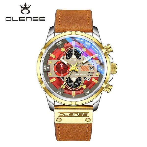

wristwatches olense sport chronograph men's watches waterproof leather strap wristwatch big dial quartz clock with luminous pointers, Slivery;brown