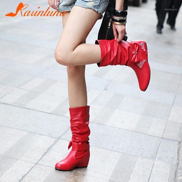 

boots karin 2021 arrivals height increasing slip on mid calf woman shoes sweet butterfly concise lady women1, Black