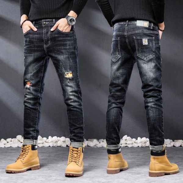 

men's jeans ripped for men slim fit stretch autumn dark blue patchwork style streetwear distressed hip hop pants male motorcycle