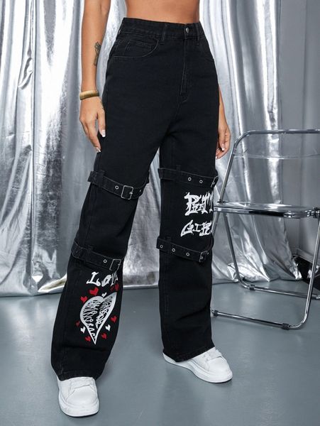 

high waist heart print buckle strap jeans p27x#, Blue