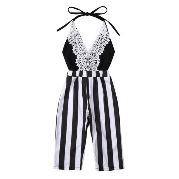 

children deep v-neck striped romper girls sleeveless hollow out sling jumpsuit for summer clothing sets, White