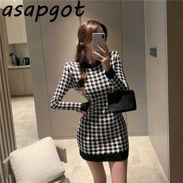 

autumn winter vintage o neck black white contrast color plaid dress women mini casual slim wrap hip fashion vestido de mujer 210610, Black;gray