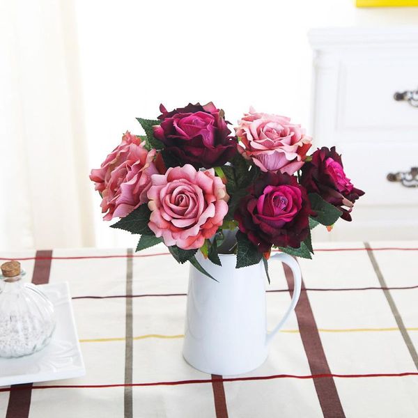 

decorative flowers & wreaths 9cm silk tea roses bride bouquet for christmas home wedding year decoration fake plants artificial bush