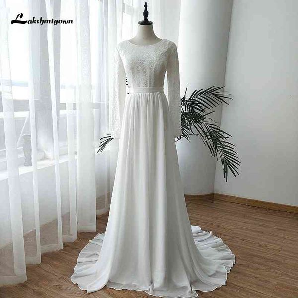 

2021 new simple chiffon muslim a line wedding long sleeves scoop neck bride lace appliques sweep train in dubia/arabic wk3v, White