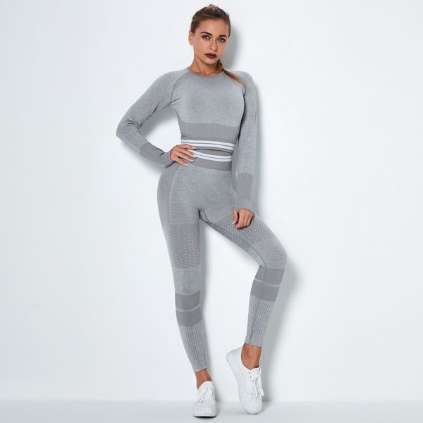 

seamls knitting quick drying sports yoga long sleeve striped fitns pants suit, Gray