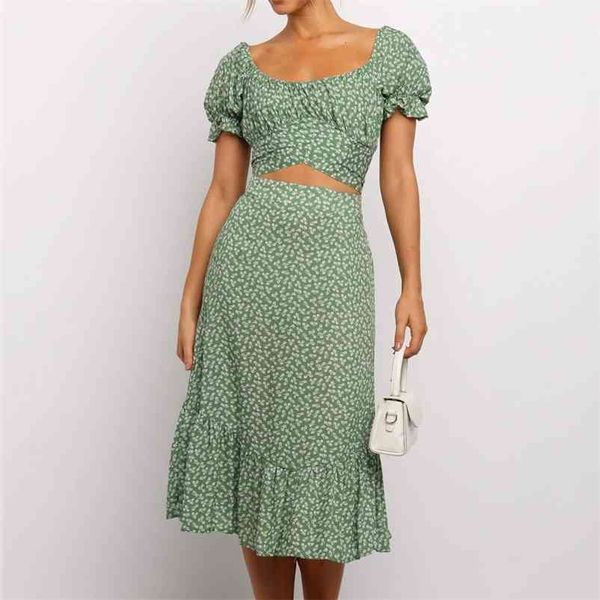 

vestidos vintage ruffles print puff sleeve summer beach sweet dresses casual square collar floral maxi long dress two piece 210409, Black;gray