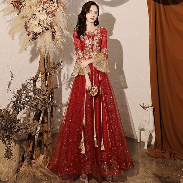 

vintage improved chinese style wine red flare sleeve long evening dresses elegant formal dress wedding toast ethnic clothing