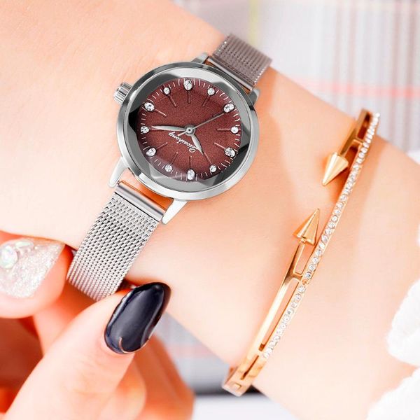 

wristwatches luxury watch womern fashion simple pseudo brick stone scale silver mesh with quartz women's clock mechanism, Slivery;brown