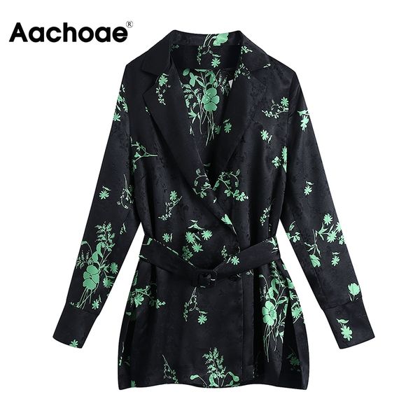 

women floral print vintage shirt blouse with belt notched collar long sleeve office wear shirts female tunic 210413, White