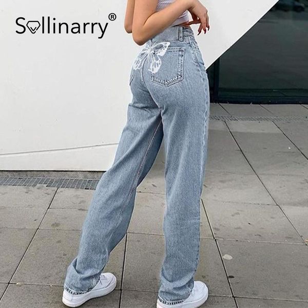 

sollinarry high waist denim women's trousers spring fashion butterfly print straight-leg pants street style all-match jeans, Blue