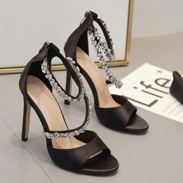 

sandals plus size 35-42 women's summer 2021 solid color high heels belt buckle rhinestone silk instep strap women, Black